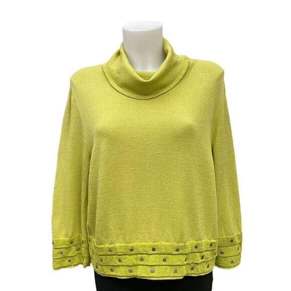 St John Sport Cowl Neck Sweater‎ Chartreuse Green Wool Blend 3/4 Sleeve sz L - Picture 1 of 11